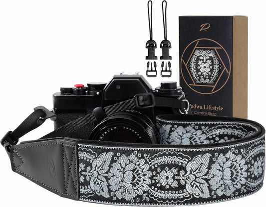 Padwa Lifestyle Camera Strap - 2" Full Grain Leather Ends Camera Straps for Photographers, Vintage Embroidered Cotton Weave Soft Suede Fabric Padded Strap Quick Release fits All Cameras