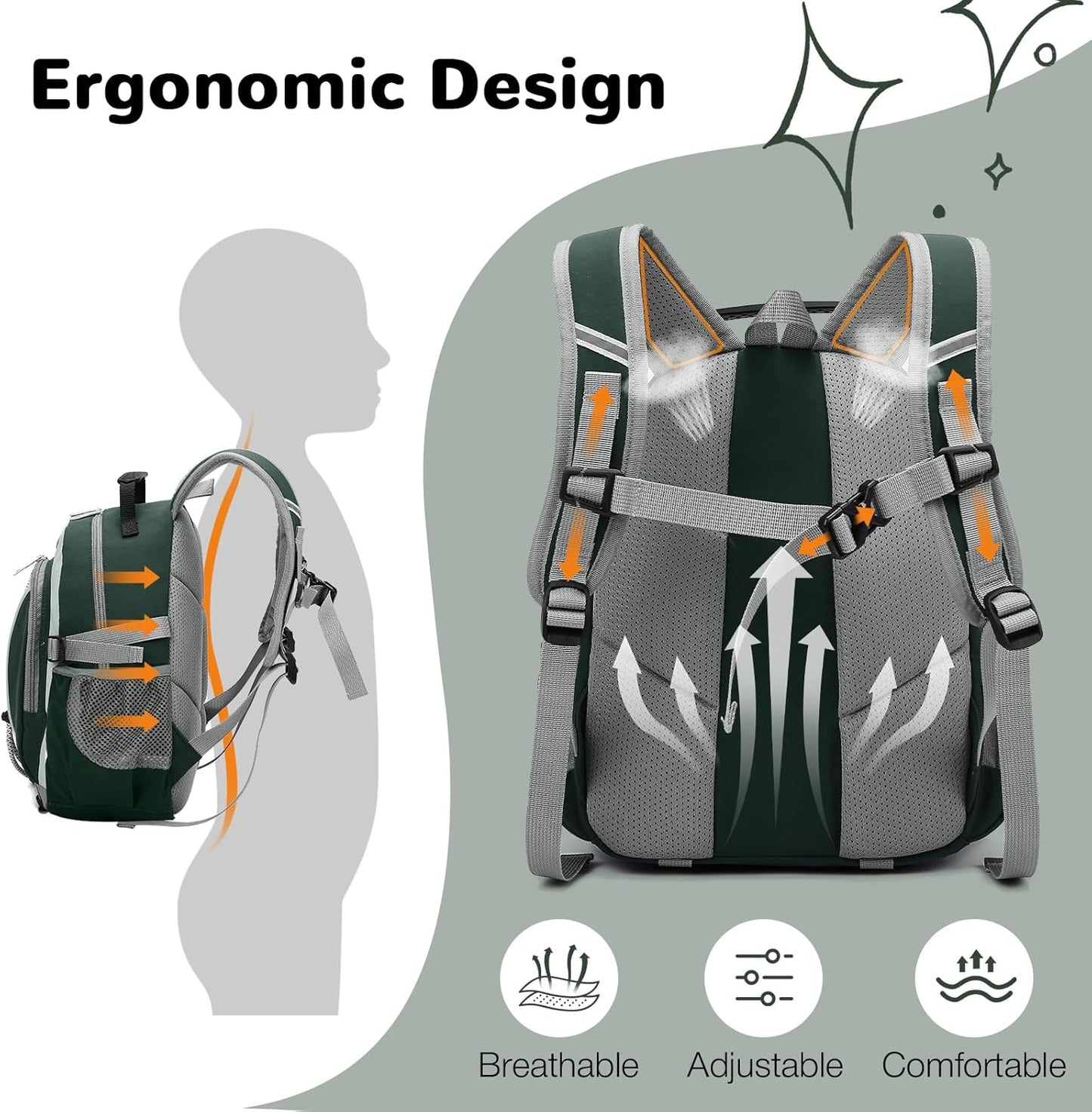 10L Mini Kids Hiking Backpack with Chest Strap for Girls Boys, Small Hiking Daypack with Padded Straps for Men Women, Green