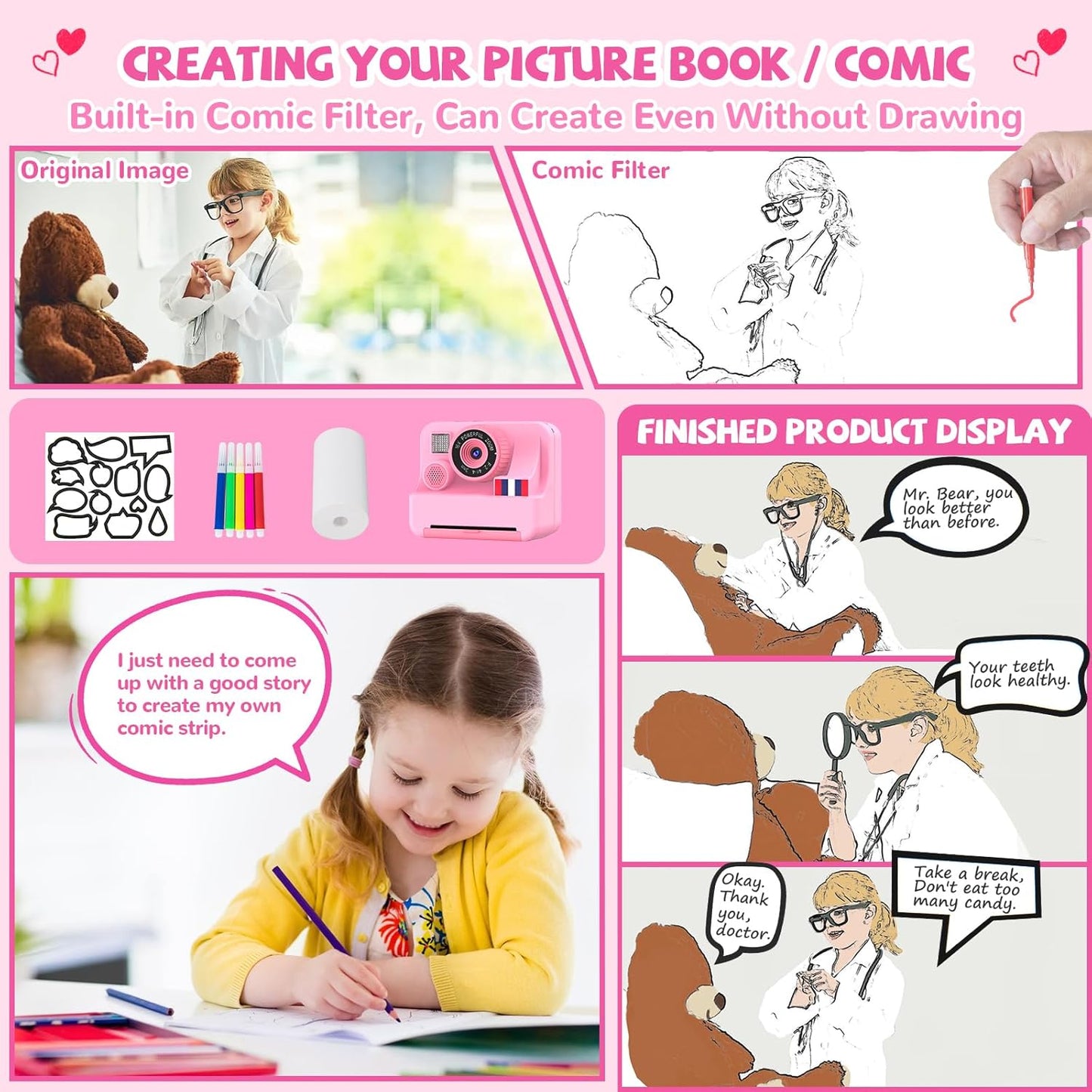 Instant Print Camera for Kids - Christmas Birthday Girls Gifts for Age 3 4 5 6 7 8 9 10 Year Old, 2.4 Inch Screen Kids Instant Camera, Kid Digital Video Cameras Toys with 32 GB SD Card