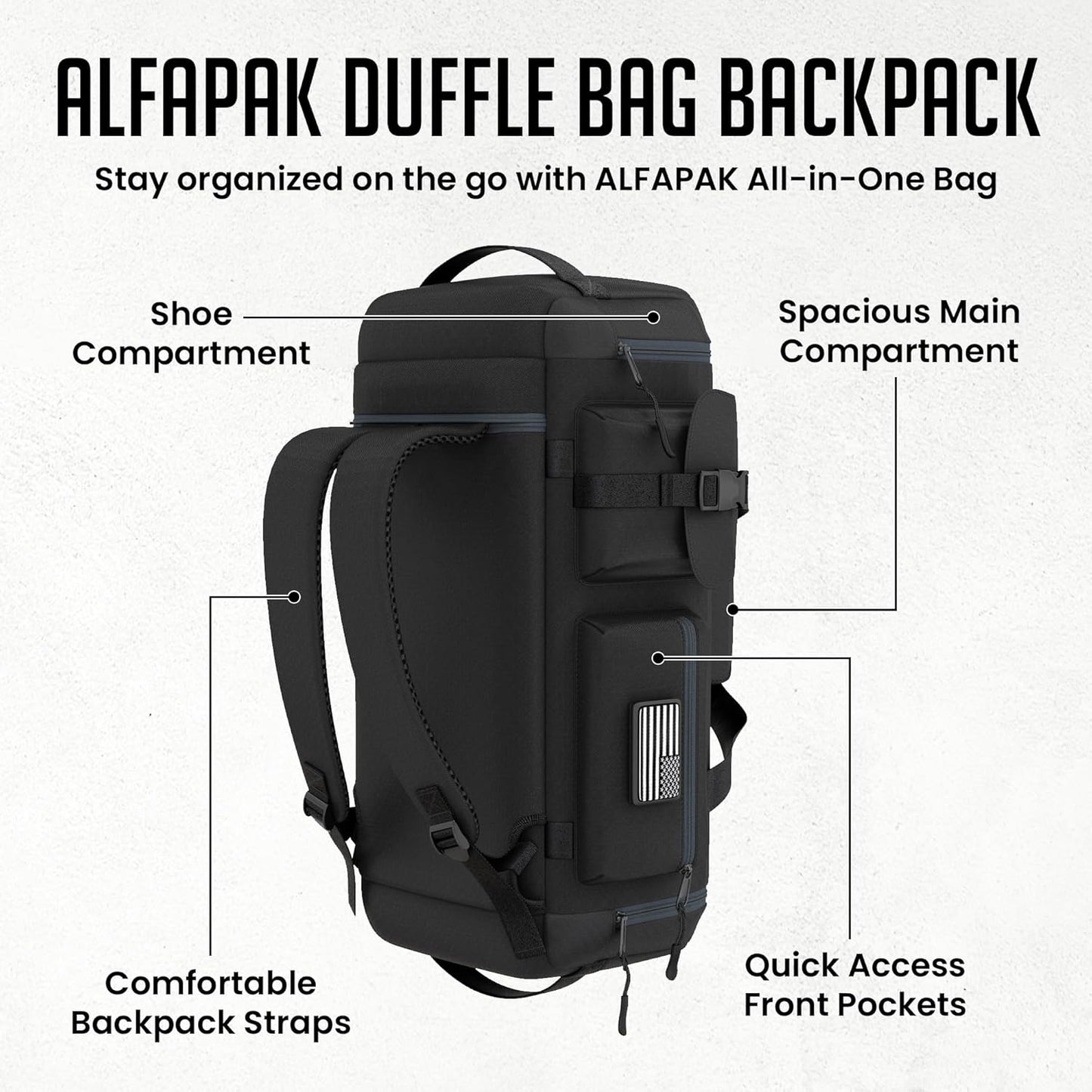 Gym Duffel Bag Backpack - 45L - Durable Gym Bag for Men/Women with Shoe Compartment - Duffel Bag Carry On – Water Resistant with Wet Pocket, Multiple Pockets & Straps for Gym, Travel & Overnight