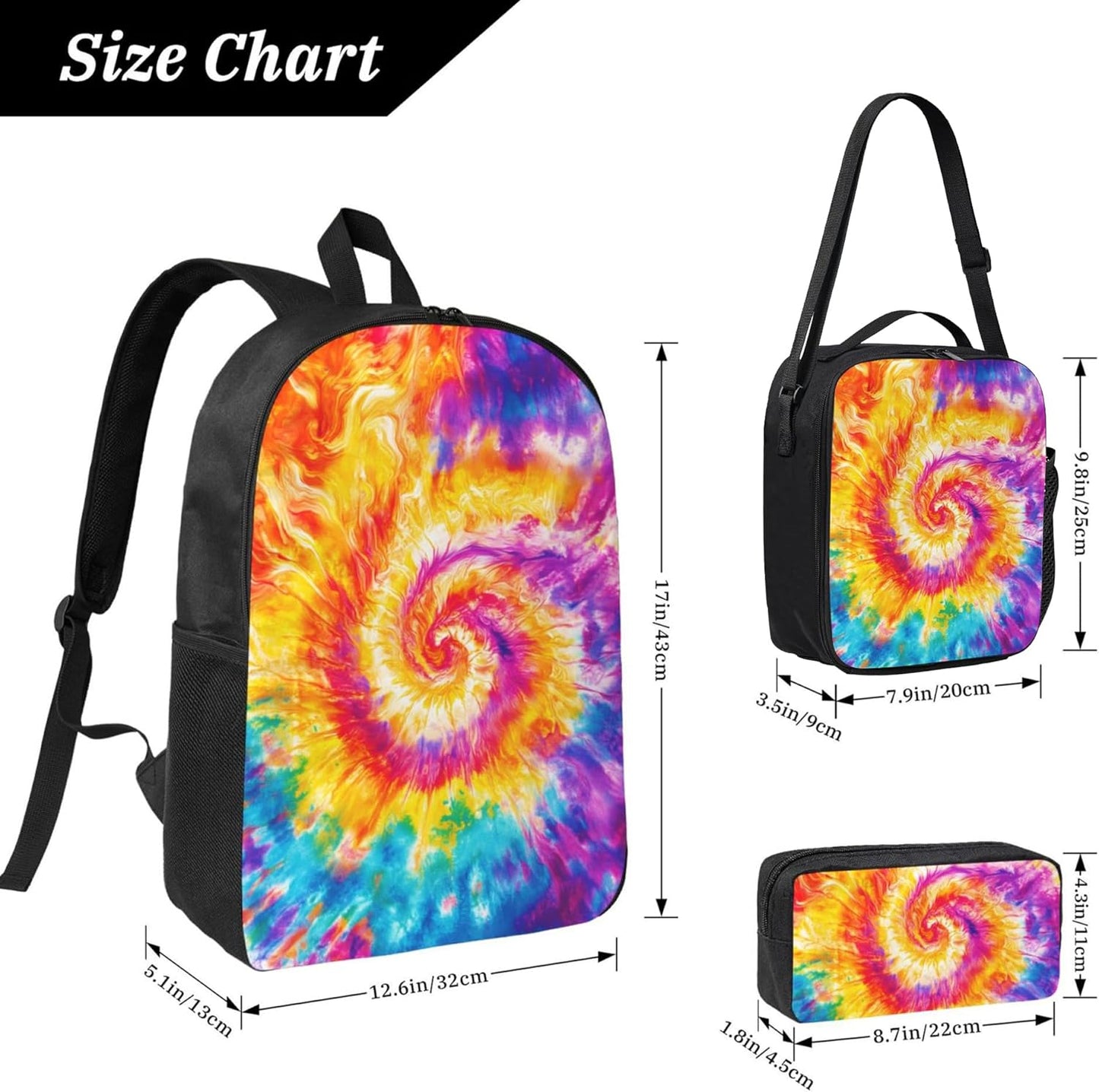 Tie Dye Kid Backpack Set with Lunch Bag & Pencil Case Large Capacity School Bag 17 Inch Bookbag for Boy Girl