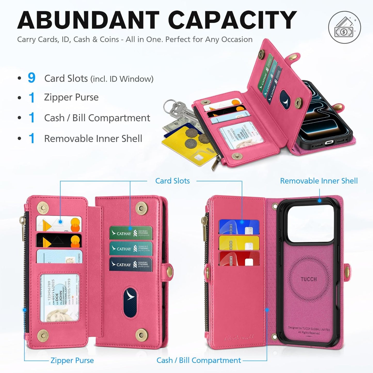 TUCCH Detachable Crossbody Case Wallet for iPhone 17 Pro 6.3", Wireless Charging | RFID Blocking 9 Card Holders | Lanyard | Wrist Strap | Stand | Zipper Pocket | PU Leather | Magnetic Cover | Hot Pink