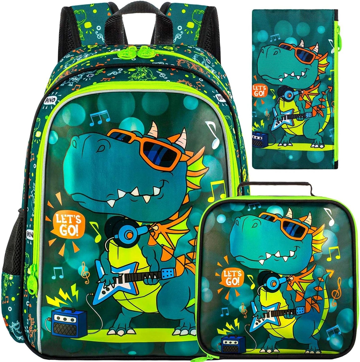 16" Dinosaur Backpack for Boy, 3Pcs Kids School Bookbag for Elementary Preschool Kindergarten, School Backpacks with Lunch Box(Green)