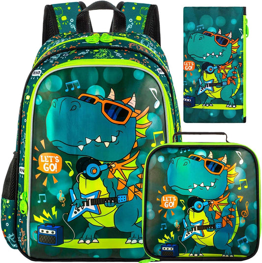 16" Dinosaur Backpack for Boy, 3Pcs Kids School Bookbag for Elementary Preschool Kindergarten, School Backpacks with Lunch Box(Green)