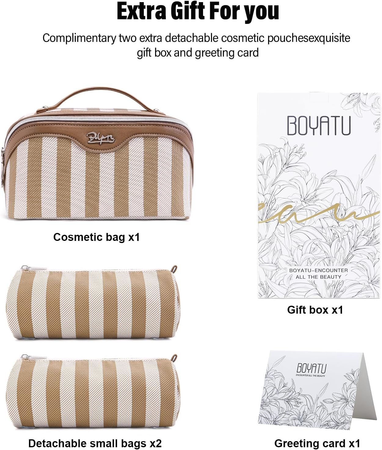 BOYATU Travel Makeup Bag for Women: Large Cosmetic Bag Set of 3 - PU Leather Make up Bag with Compartments - Compact Waterproof Toiletry Bag with Divider & Handle (B-5-Brown)