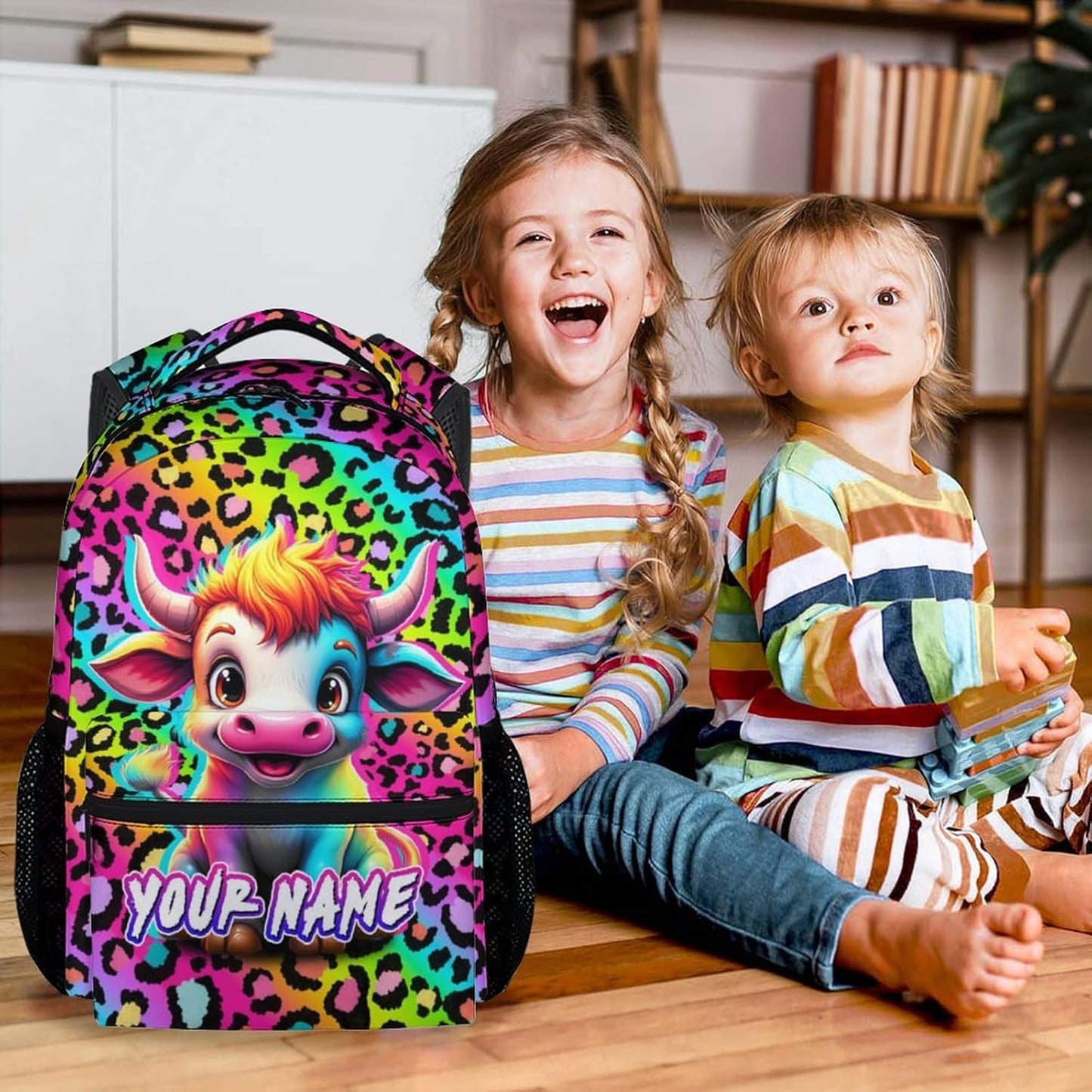 Custom Backpack for Girls - 17 Inch Cute Cow Backpack for Kids Children - Rainbow Cow Print Lightweight Durable Bookbag for High School