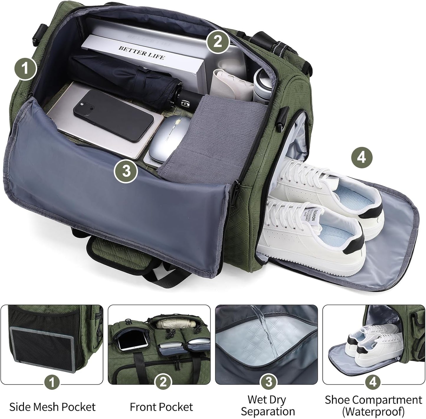 Gym Bag for Men Women, 40L Sport Duffel Bag, Anti-Theft Overnight Backpack W/Shoe Compartment for Fitness Travel, Army Green