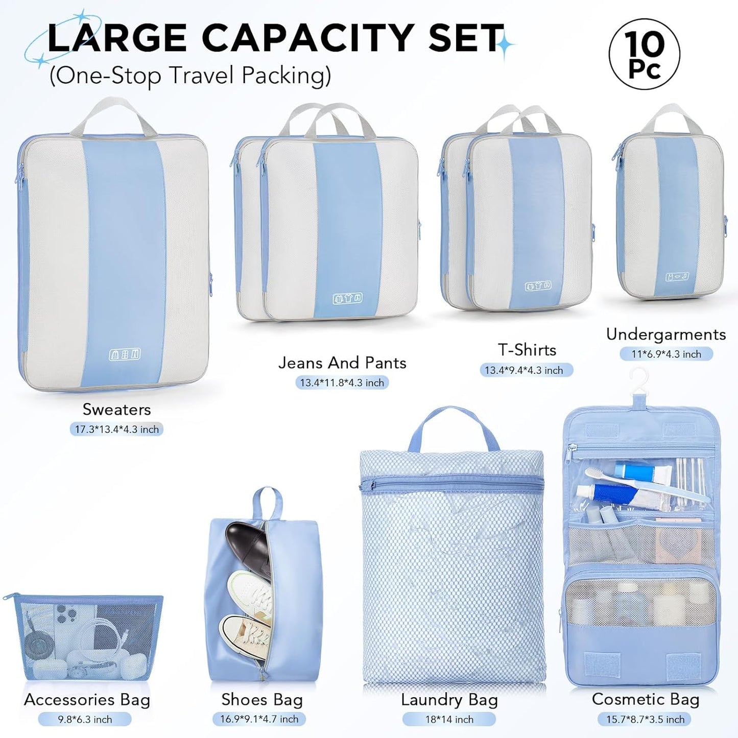 10 Set Compression Packing Cubes for Travel Essentials,Compressible Expandable Packing Cubes for Suitcase,OlarHike Luggage Organizer Bags for Travel,Handy Helper for Organizing Clothes(Light Blue)