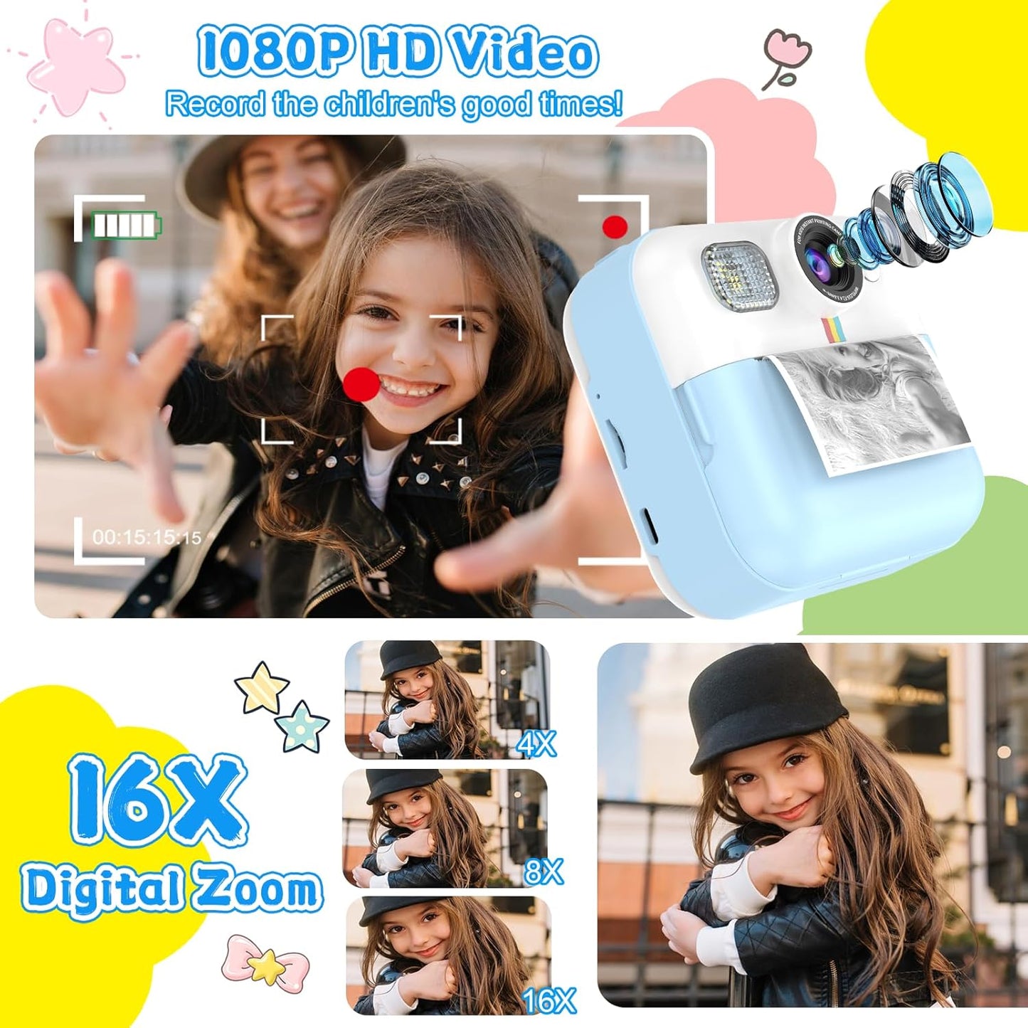 Kids Camera for Boys, 1080P Instant Print, Kids Christmas Birthday Gifts, Blue