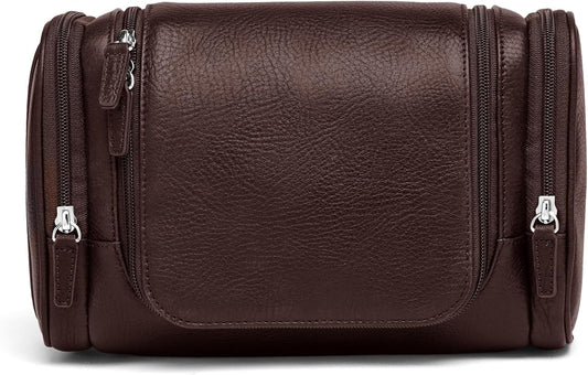 Leatherology Premium Espresso Small Hanging Toiletry Kit – Compact Leather Travel Organizer with Interior Zip Pockets, Mesh Pouches & Hanger | Full-Grain Leather Toiletry Bag for Men & Women