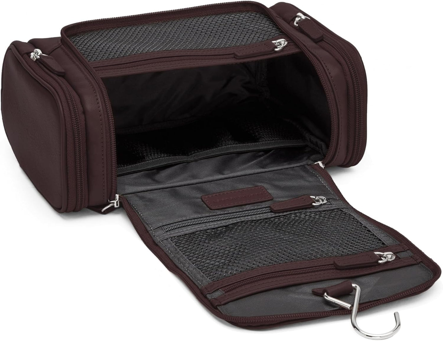 Leatherology Brown Small Hanging Toiletry Kit – Compact Leather Travel Organizer with Interior Zip Pockets, Mesh Pouches & Hanger | Full-Grain Leather Toiletry Bag for Men & Women