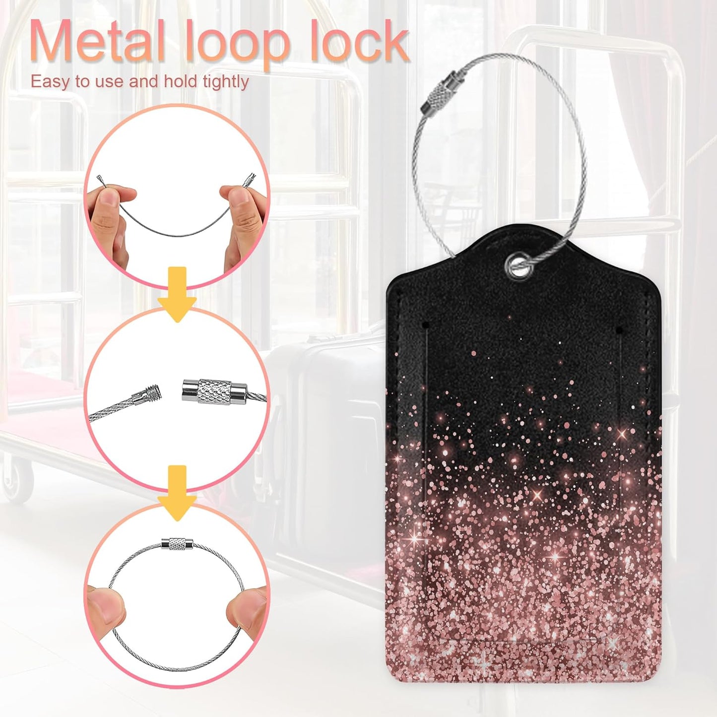 Leather Luggage Tags for Adults Teens,2 Pack Rose Gold Glitter Travel Bag Suitcase Labels with Stainless Steel Loop ID Tags Card Baggage Bag Label