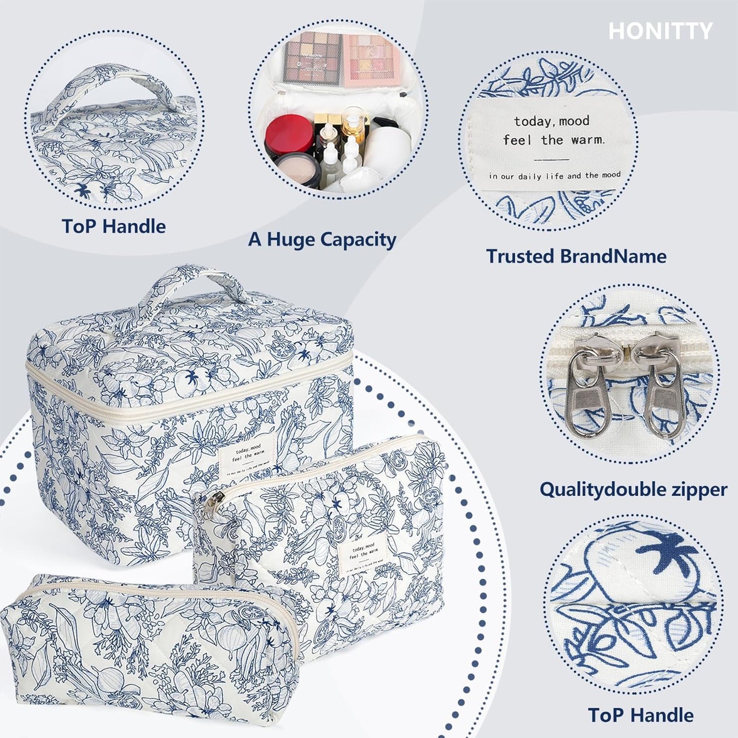 Makeup Bag,Quilted Cosmetic Bags,Large Floral Make Up Organize bag,Makeup Bag Set for Women,Flower Travel Toiletry Bag