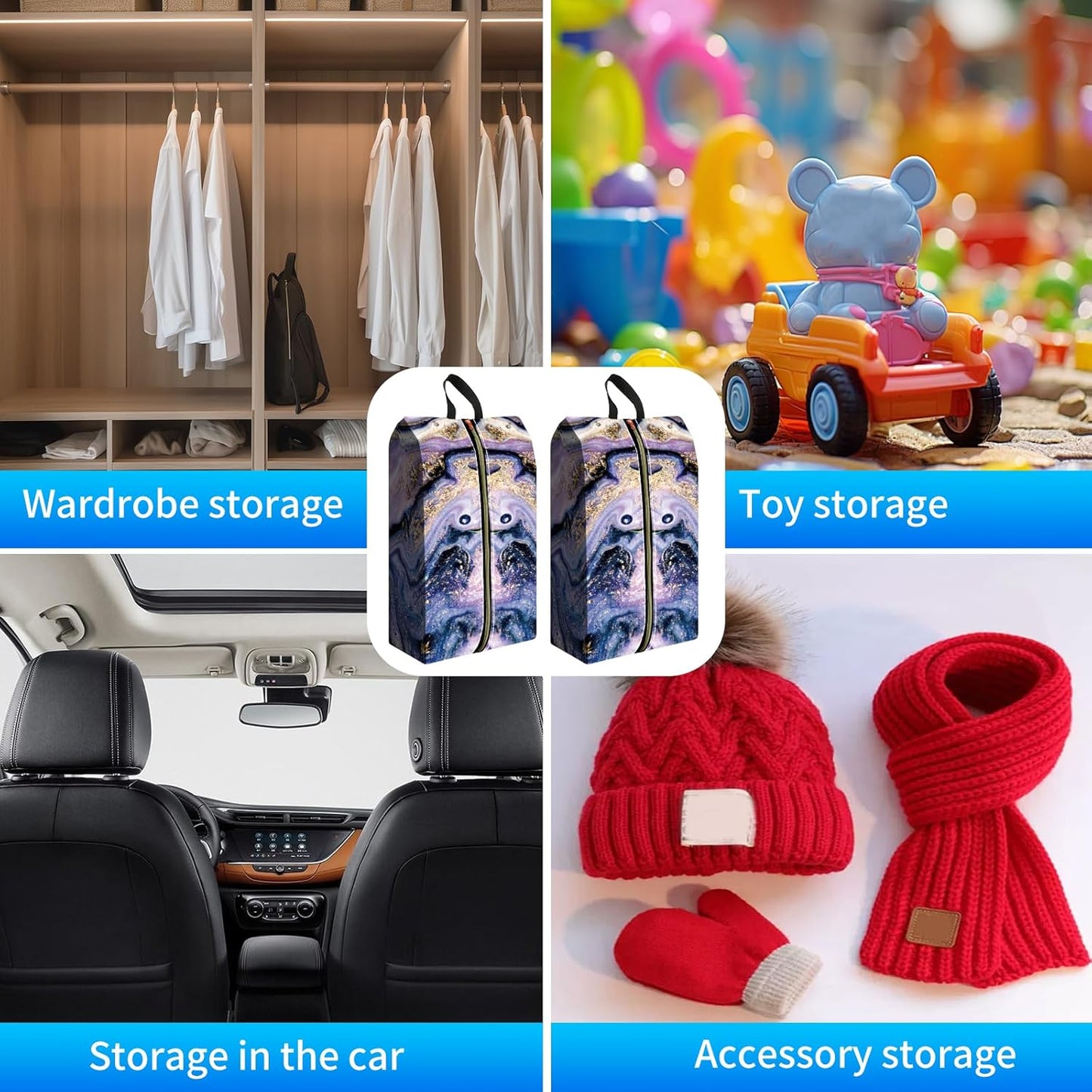 2pcs Shoe Organizer for Travel, Packing Shoe Travel Bags, Cute Shoe Bag with Zipper & Handle, Portable Travel Essentials for Women and Men Purple Marble