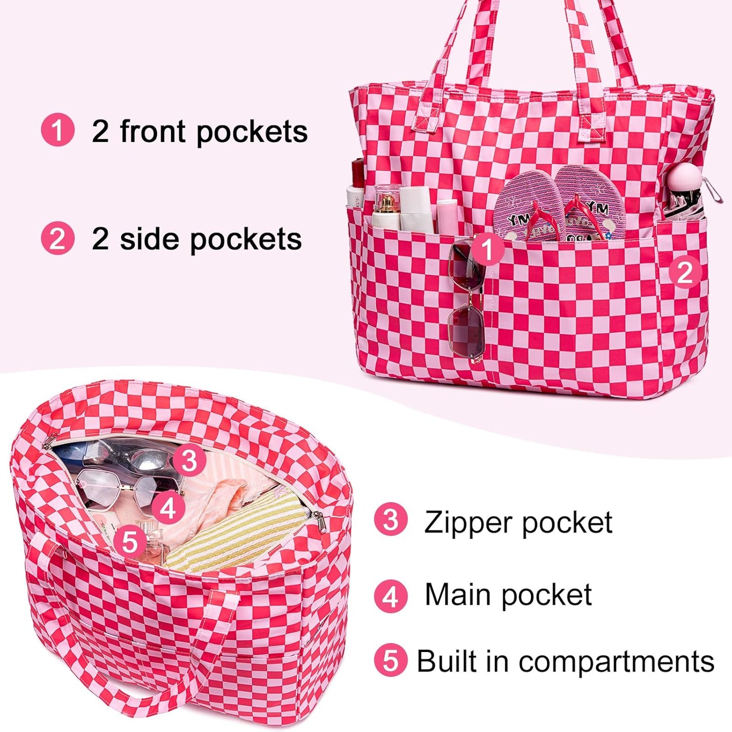 LEDAOU Large Beach Tote Bag Women Waterproof Sandproof Zipper Beach Tote Bag for Pool Gym Grocery Travel with Wet Pocket