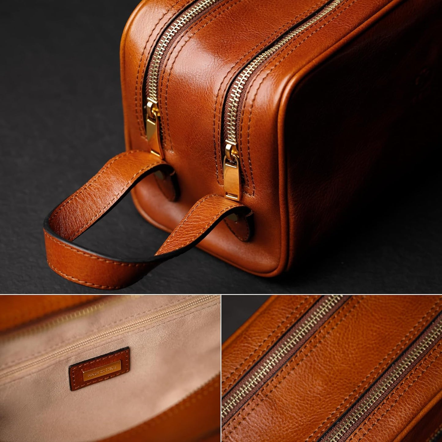 Time Resistance Leather Cosmetic Bag Toiletry Italian Classy Dopp Kit