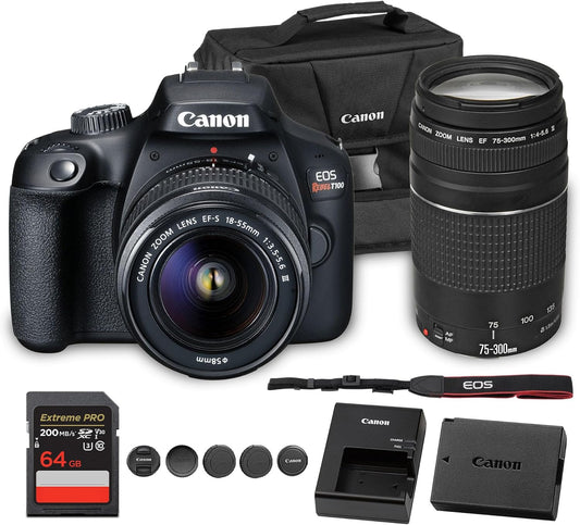 Canon EOS Rebel T100 DSLR Camera with 18-55mm Lens | 18MP APS-C Sensor, Built-in Wi-Fi & Full HD Video | for Beginners, Travel & Everyday Shooting (2628C029) + EF 75-300mm f/4-5.6 III Lens + Bag +