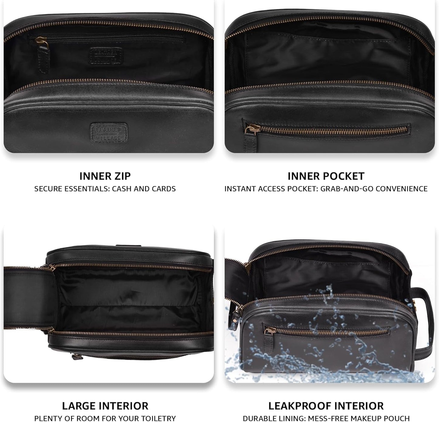 LEATHER VILLAGE Premium Leather Toiletry Travel Pouch With Waterproof Lining - Black | King-Size Handcrafted Vintage Cosmetic Organizer & Shaving Essential Bag