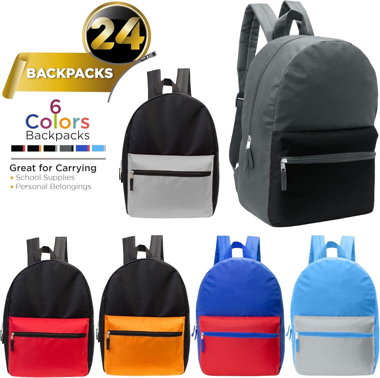 17" School Backpacks for Kids - Backpacks in Bulk for Elementary, Middle, and High School Students in Assorted Colors