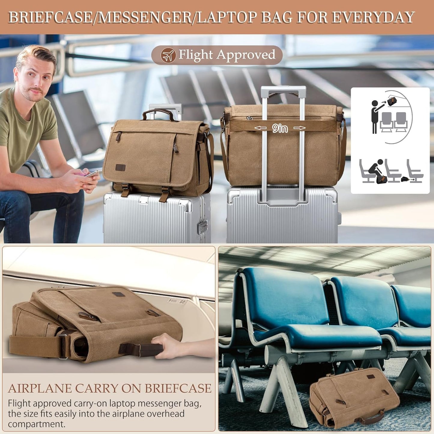 17.3 Inch Messenger Bag for Men: 2PCS Laptop Bag PU Leather Canvas Work Briefcase Large Office