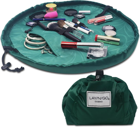 Lay-n-Go Cosmo Lay Flat Drawstring Cosmetic & Makeup Bag Organizer - Zipper Pocket, Brush Loops & More - Durable, Machine Washable Toiletry Carrier for Travel, Cinch Closure, Gift (20", Evergreen)