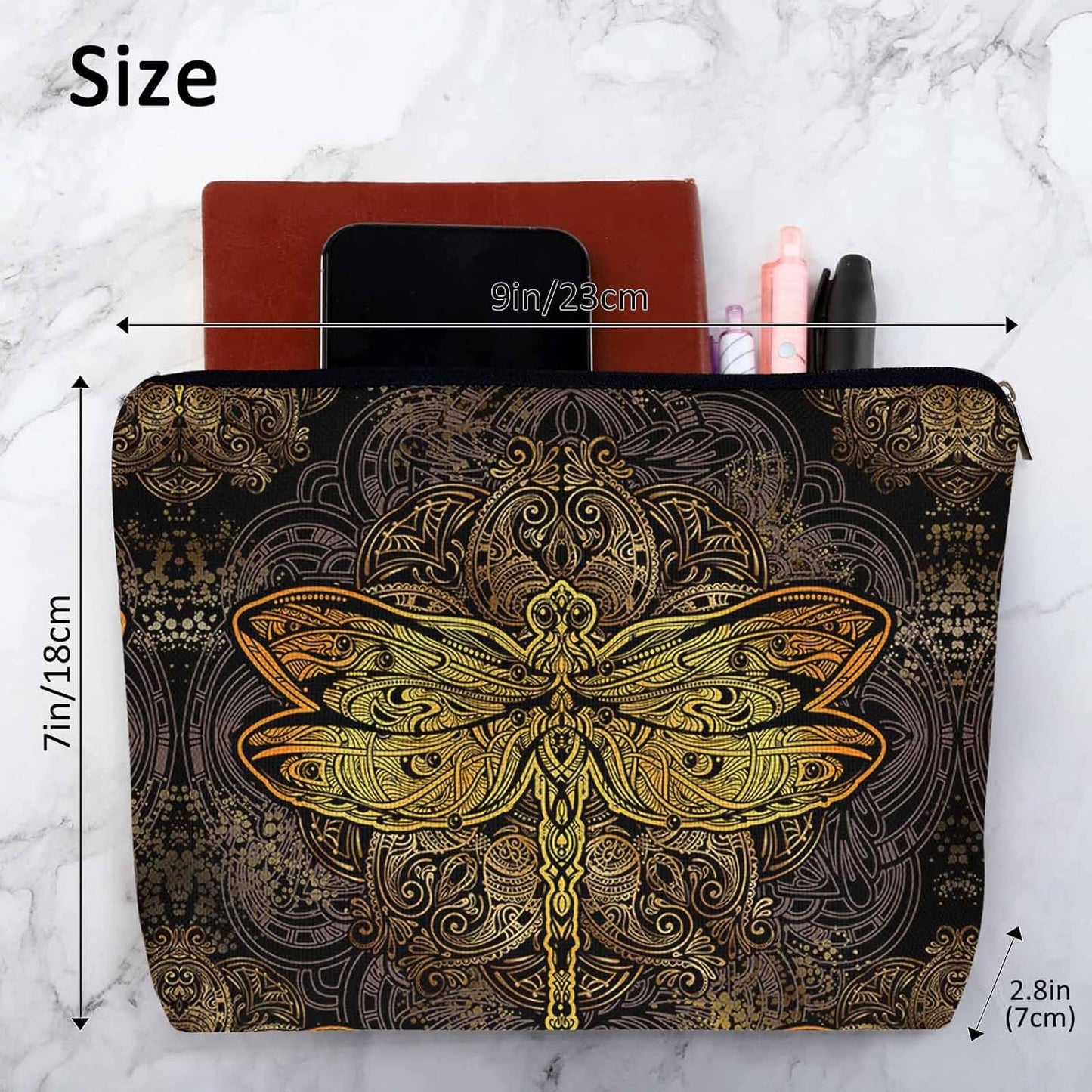 Dragonfly Makeup Bag For Women, Adorable Cosmetic Bag Makeup Bags, Ethnic Mandala Dragonflies Golden Zipper Bag Travel Bags Toiletry Organizers Pouch Bags Washing Bags For Gym Bathroom