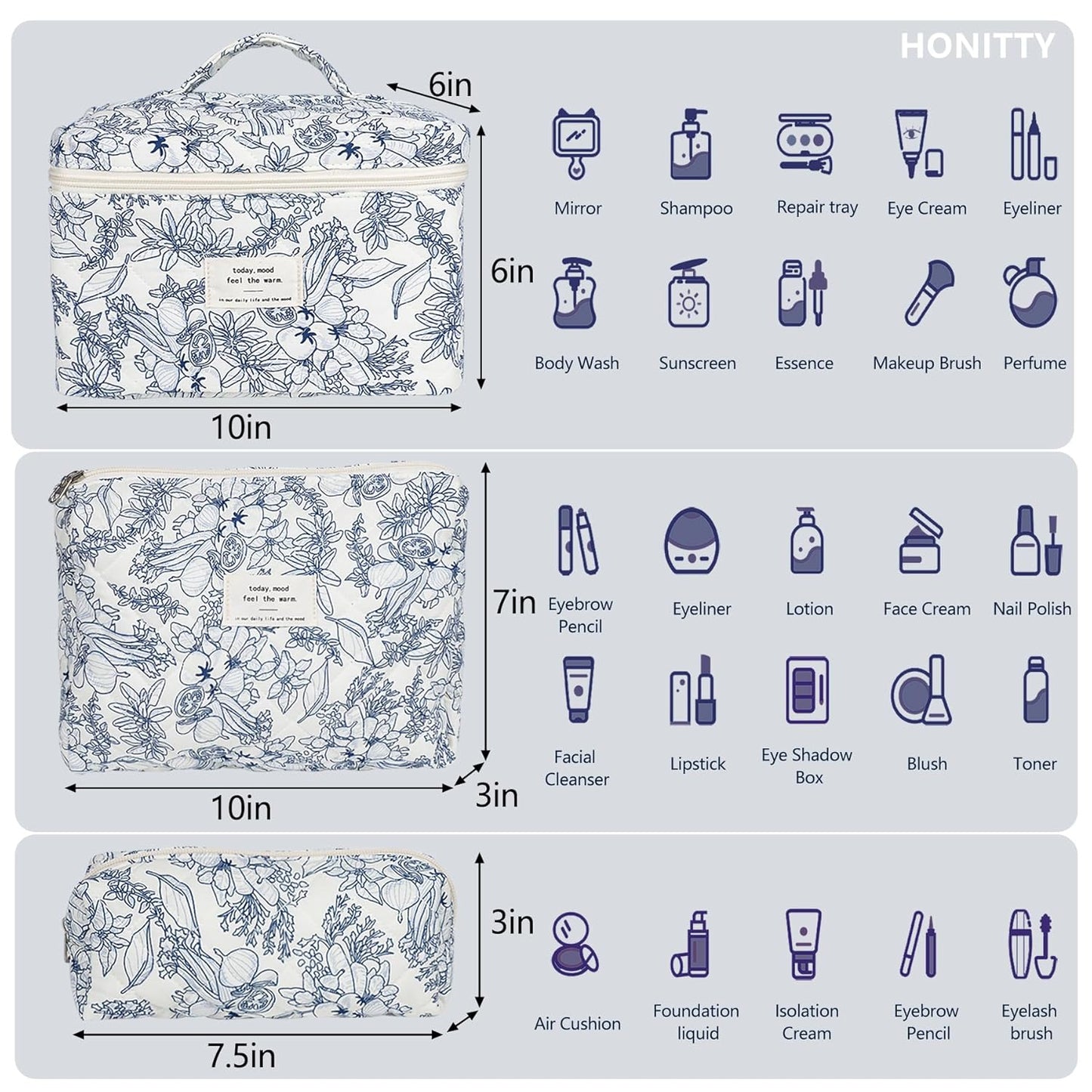 Makeup Bag,Quilted Cosmetic Bags,Large Floral Make Up Organize bag,Makeup Bag Set for Women,Flower Travel Toiletry Bag