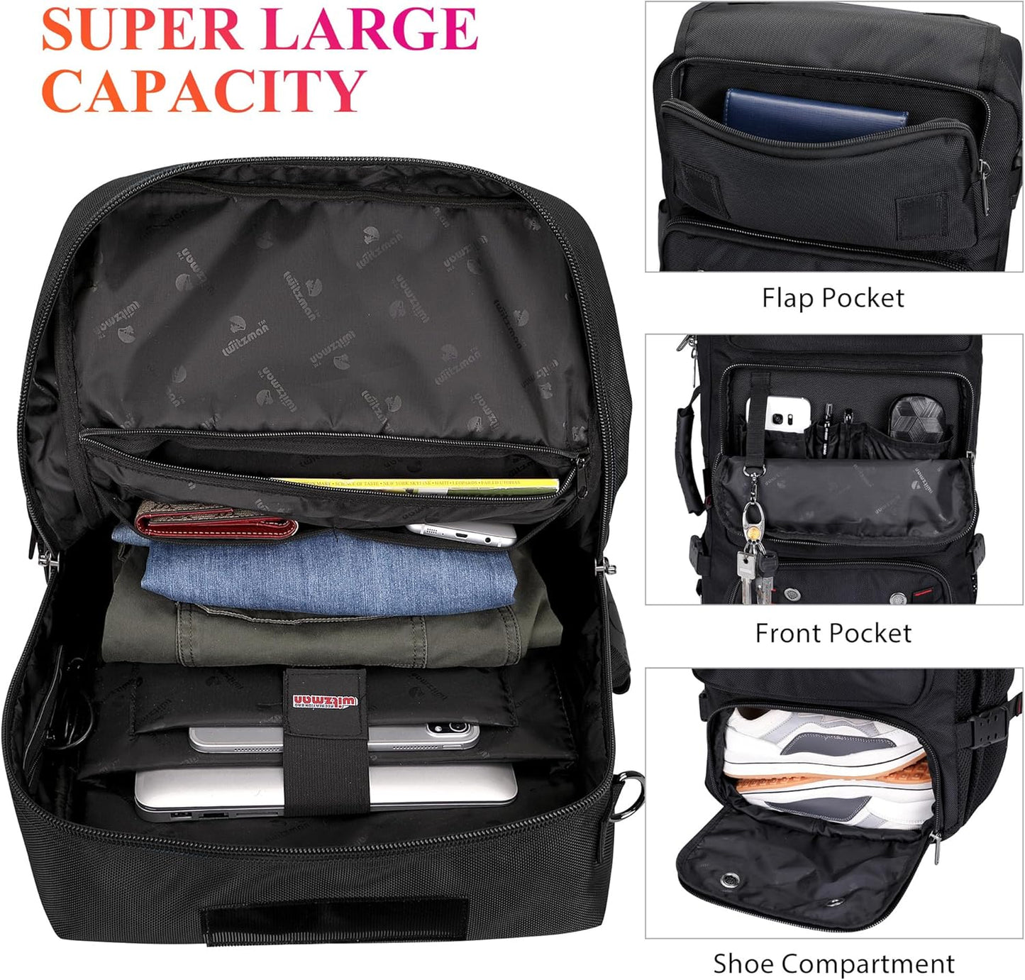 WITZMAN Carry on Travel Backpack for Men Women Airline Approved Convertible Nylon Duffle Backpack Luggage Bag (B682 Black)