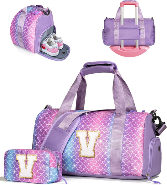 Girls Gifts for Her-Girl Gym Bag with Shoe Compartment, Kid Personalized Weekender Overnight Bags, Initial Travel Tote with Makeup Pouch, Girls Kids Gift (Letter V)