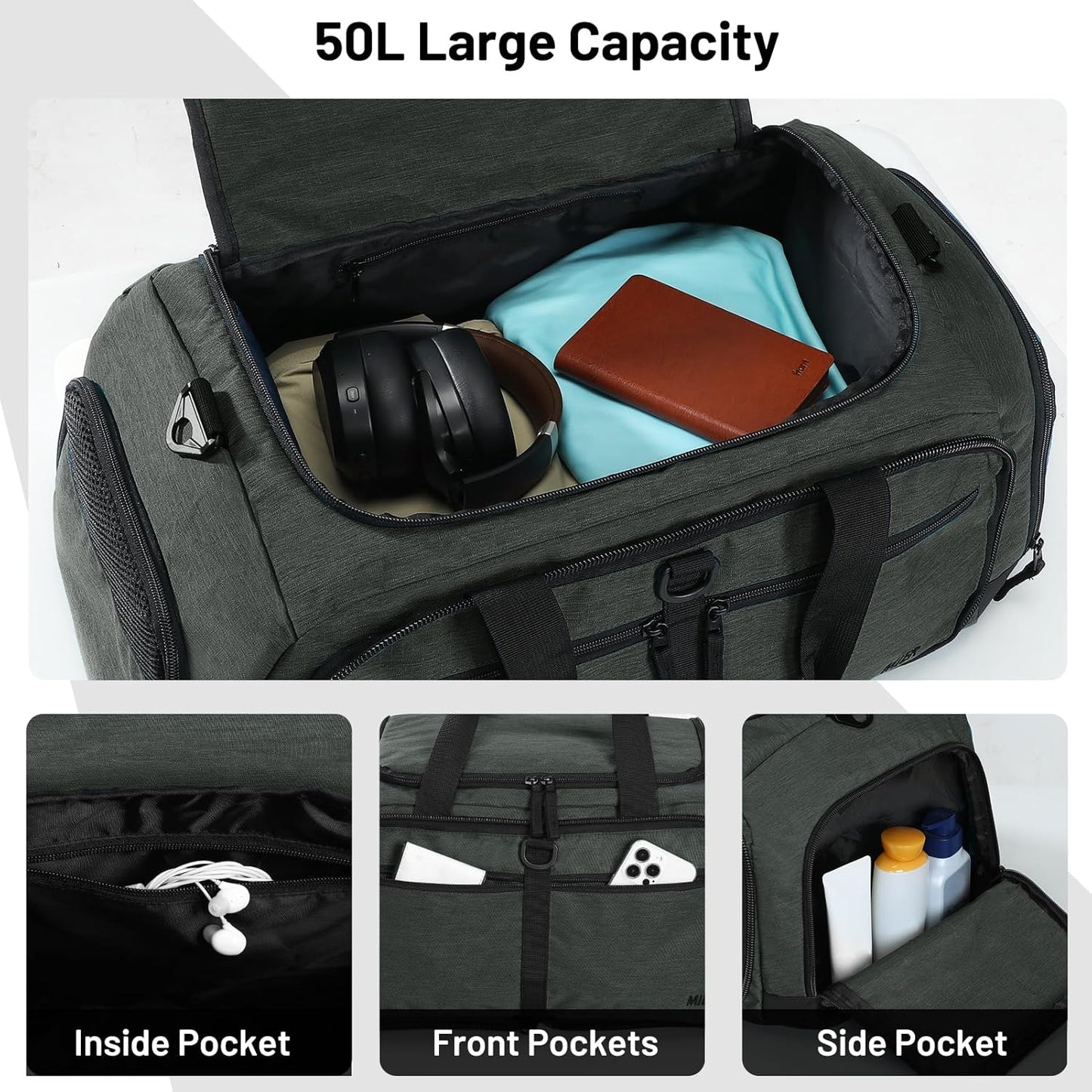 MIER Foldable Duffle Bag with Shoe Compartment 50L Travel Duffel Bags for Men Women Packable Overnight Bag for Camping Gym Weekender, Green Gray