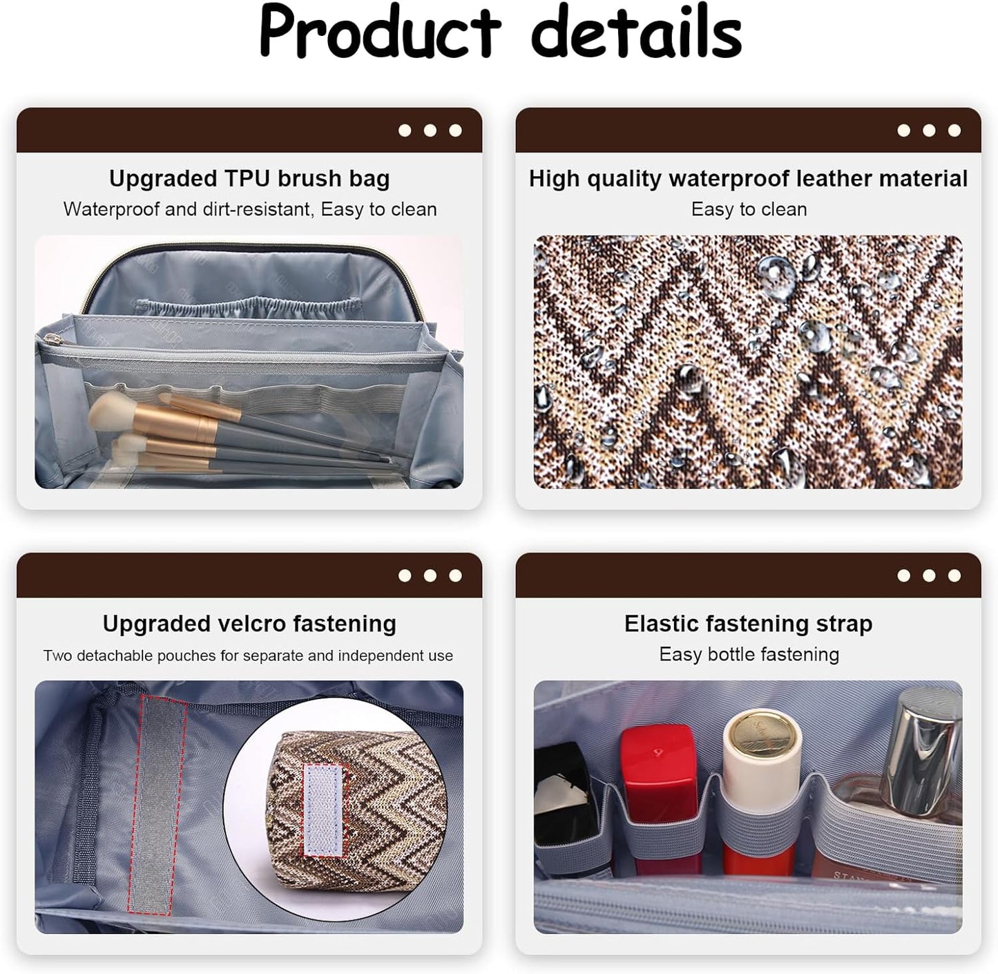 BOYATU Travel Makeup Bag for Women: Western Boho Make up Bag Set of 3 - Large Capacity Vegan Leather Cosmetic Bag - Waterproof Toiletry Bag with Compartments & Handle & Divider(J-2-Brown)