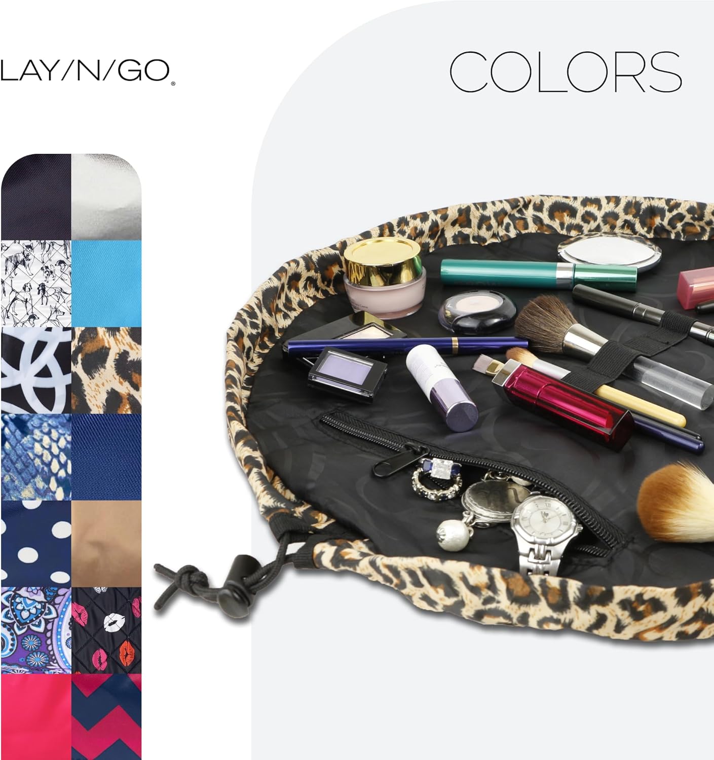 Lay-n-Go Cosmo Layflat Drawstring Cosmetic & Makeup Bag Organizer w/Zipper Pocket, Brush Loops & More, Cinch to Close, Lay Flat to Use, Durable, Machine Wash, Travel Toiletry Bag (20", Leopard)