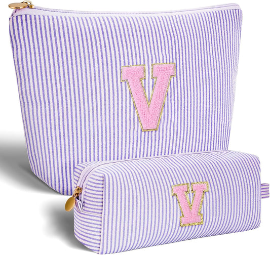 Personalized Makeup Bag for Women Girls - Fashion Cosmetic Bag Trendy Travel Toiletry Bag with Initials Letter - Teen Gifts - Lavender,V
