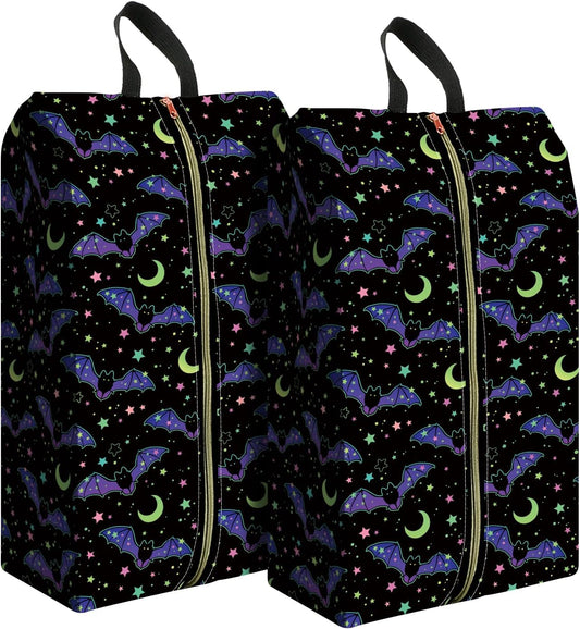 2pcs Shoe Organizer for Travel, Packing Shoe Travel Bags, Cute Shoe Bag with Zipper & Handle, Portable Travel Essentials for Women and Men Neon Bats