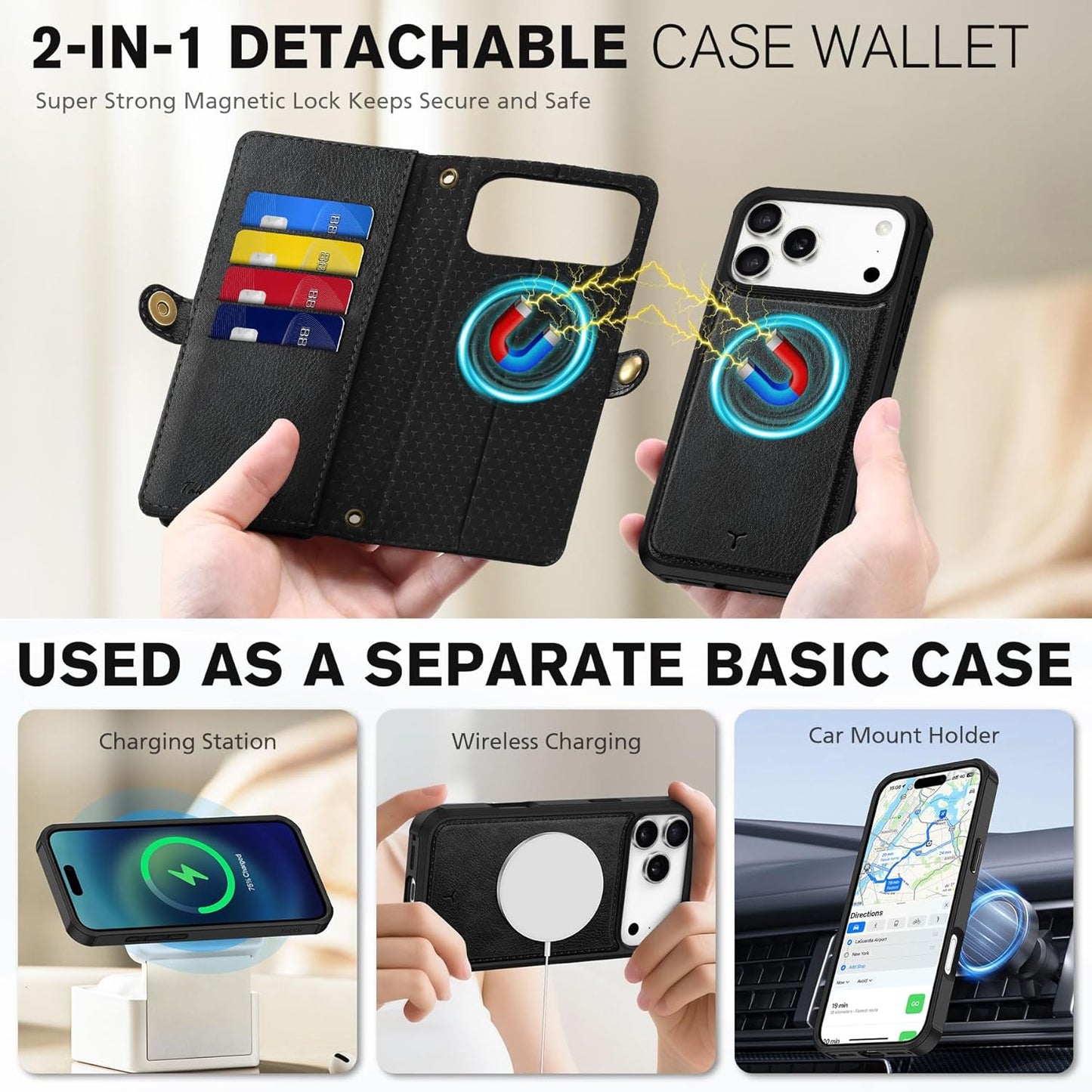 TUCCH Removable Crossbody Case Wallet for iPhone 17 Pro Max, 10 Card Slots RFID Blocking, Stand, Lanyard, Wrist Strap, Wireless Charging, Zipper Pocket, PU Leather, Magnetic Flip Cover, Textured Black