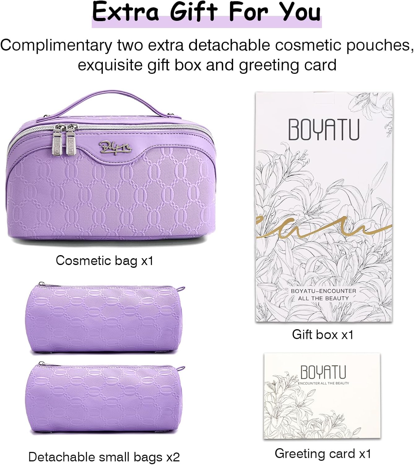 BOYATU Travel Makeup Bag for Women: Cosmetic Organizer Bag with Compartments - Leather Make up Bags Set of 3 (G-1-Purple)