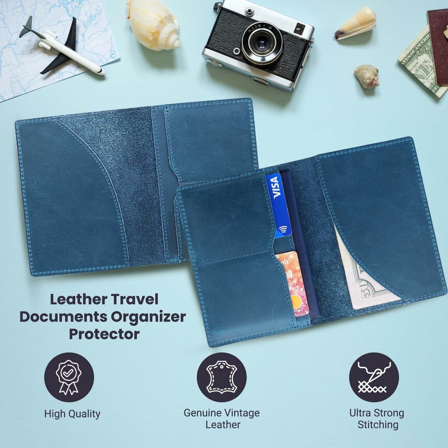 Leather Passport Holder with Travel Wallet, Genuine Leather Passport Cover- Passport Wallet, Leather Folding Wallet for Passports (Oval Cut, Blue)