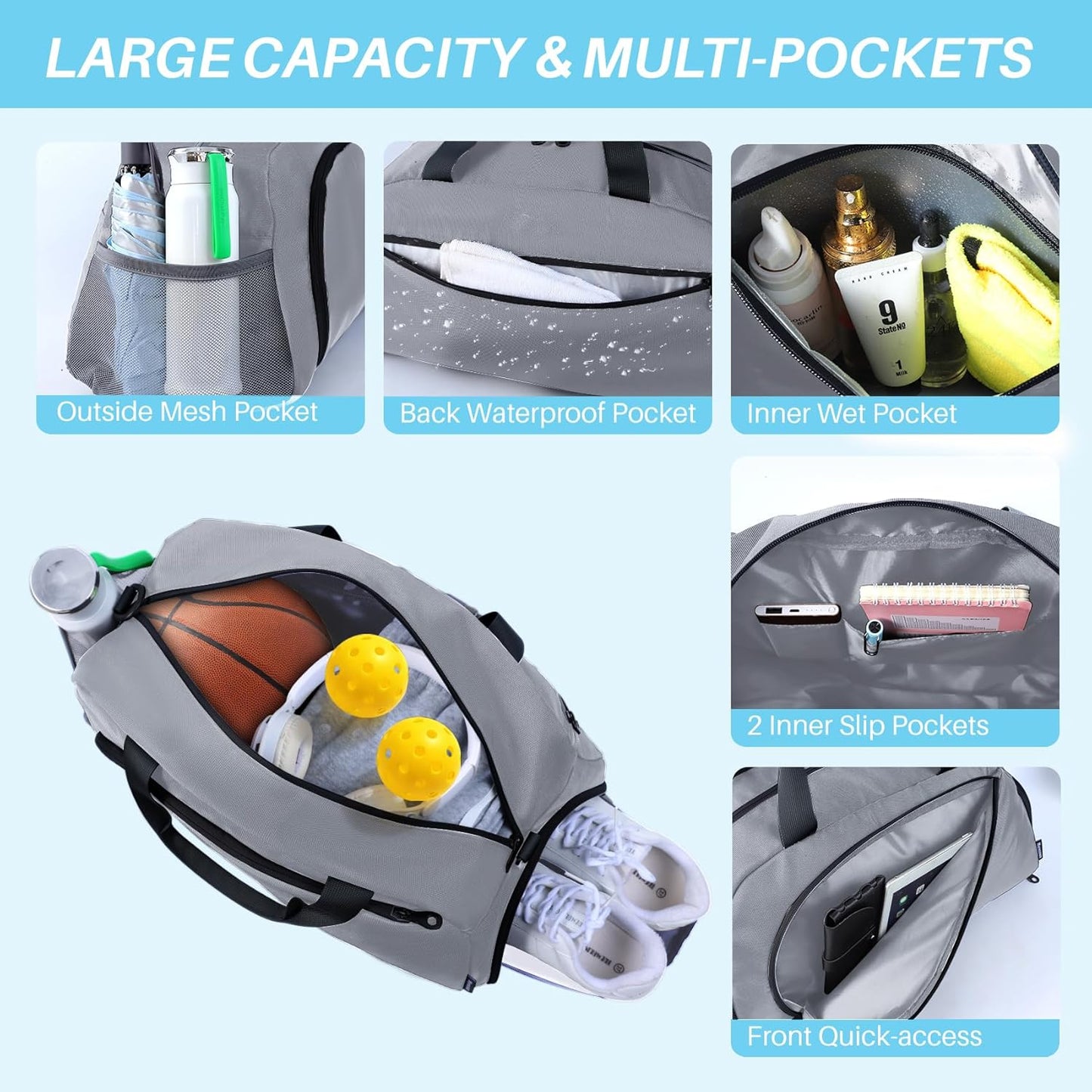 Small Gym Bag with Shoes Compartment & Wet Pocket,Unisex Sport Duffel Bag for Pickleball Paddle,Waterproof Workout Weekender Overnight Bags for Travel Yoga Swimming,Silver Grey