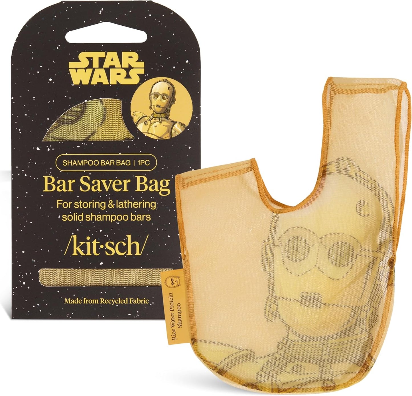 Kitsch x Star Wars C-3PO Soap Saver Bag – Patented Mesh Bag Soap Holder for Shampoo & Conditioner Bars - Extends Use & Prevents Soggy Mess - Recycled Mesh Beauty Pouch, Eco-Friendly