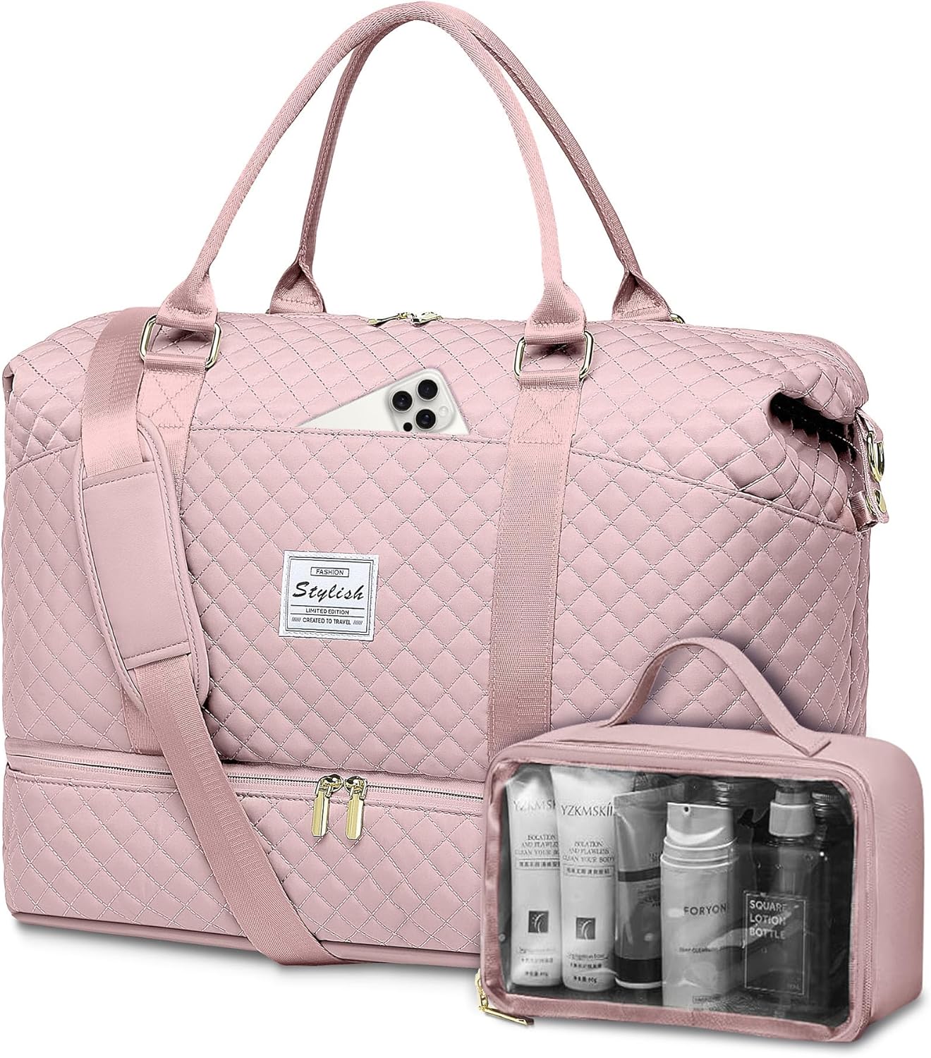 Weekender Duffle Bags for Women - Travel Duffel with Shoe Compartment, Carry On Overnight Bag, Gym Tote with Wet Pocket, Pink