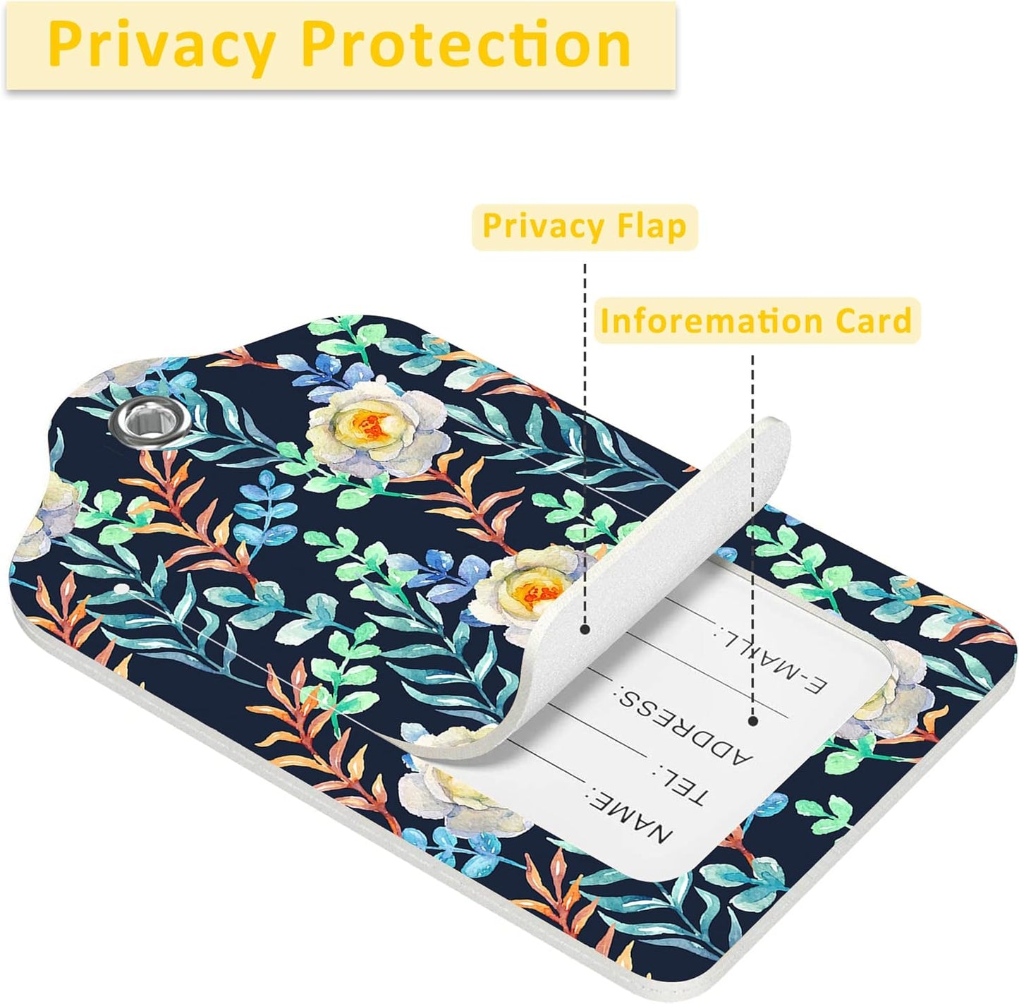 2 Pack Beautiful Floral Luggage Tags for Suitcases,Watercolor Flowers Leather Baggage Suitcases Tag Name ID Label Privacy Cover Travel Bag Tags for Women Men Boys Girls