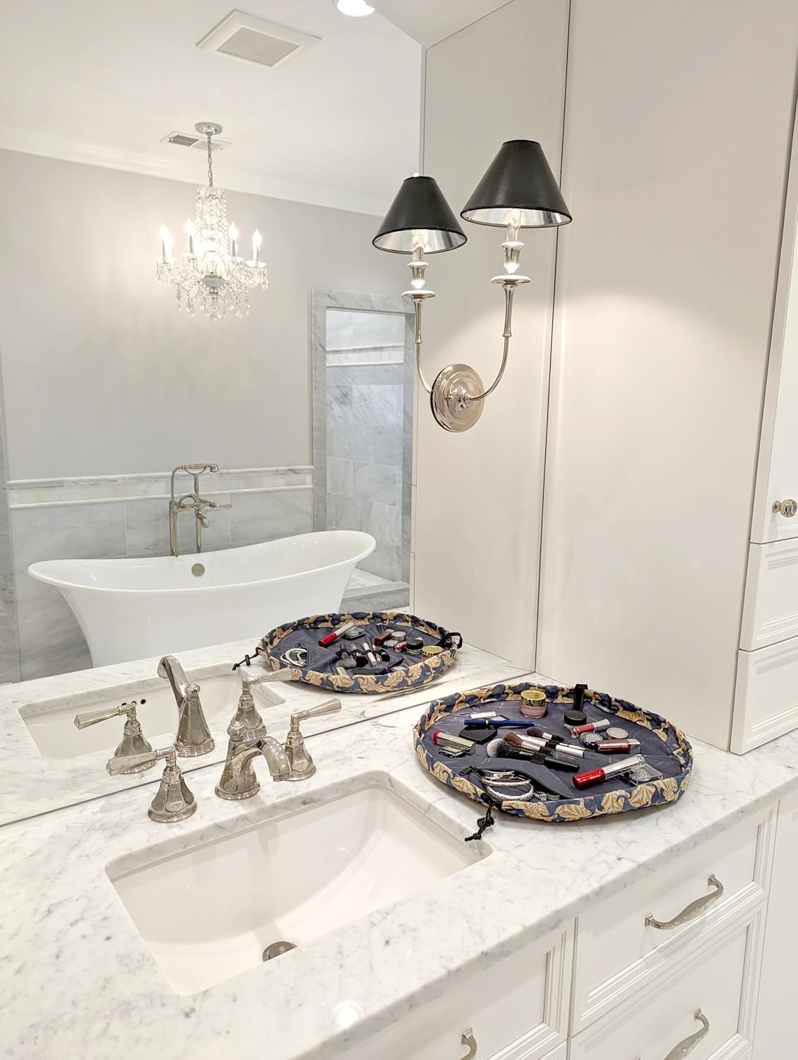 Lay-n-Go Cosmo Layflat Drawstring Cosmetic & Makeup Bag Organizer - Portable Drawstring Bag w/Zipper Pocket, Makeup Loops & More - Durable, Machine Washable Costmeic Bag for Travel (20", Elephants)