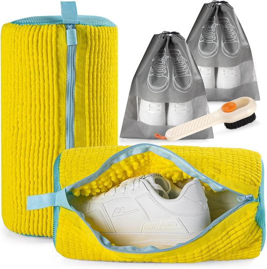 2 Pack Shoe Washing Bags with 2 Shoe Bags for Travel & 1 Shoe Brush - 360° Deep Clean for Sneakers/Tennis Shoes, Reusable with Self-locking Zipper & Microfiber Lining