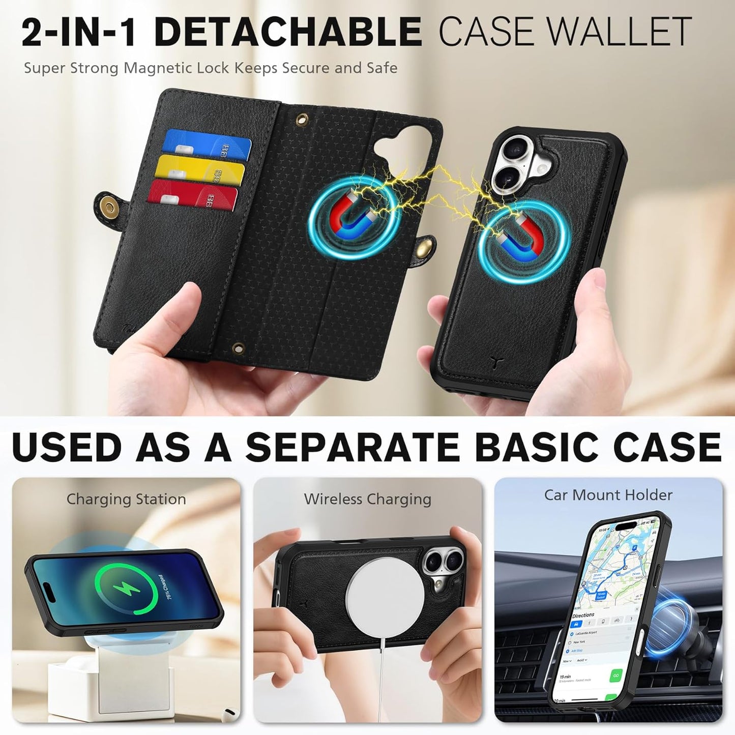 TUCCH Removable Crossbody Case Wallet for iPhone 17 6.3" 2025, 9 Card Slot RFID Blocking, Stand, Lanyard, Wrist Strap, Wireless Charging, Zipper Pocket, PU Leather, Magnetic Flip Cover, Textured Black