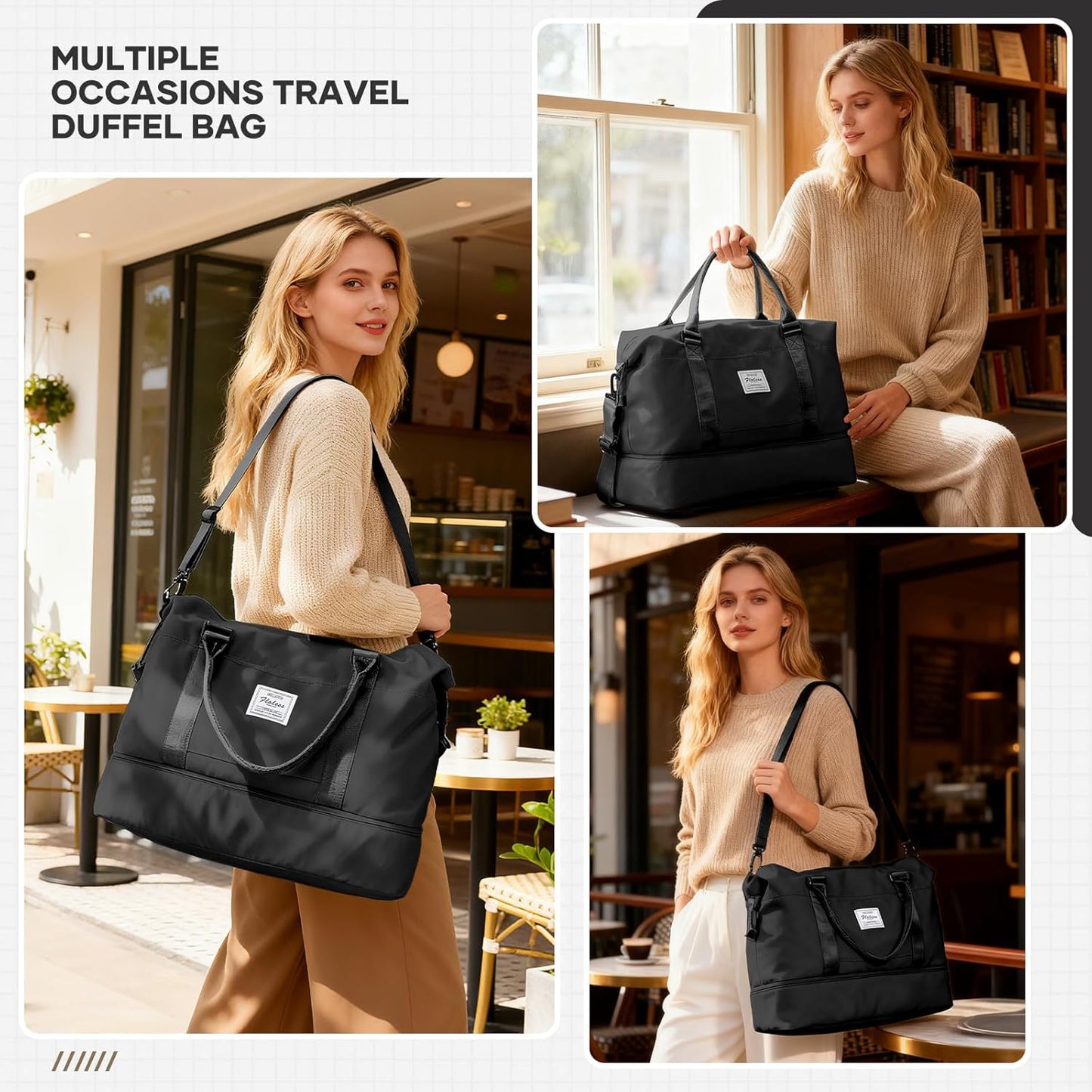 Travel Duffel Bag, Sports Tote Gym Bag, Shoulder Weekender Overnight Bag for Women