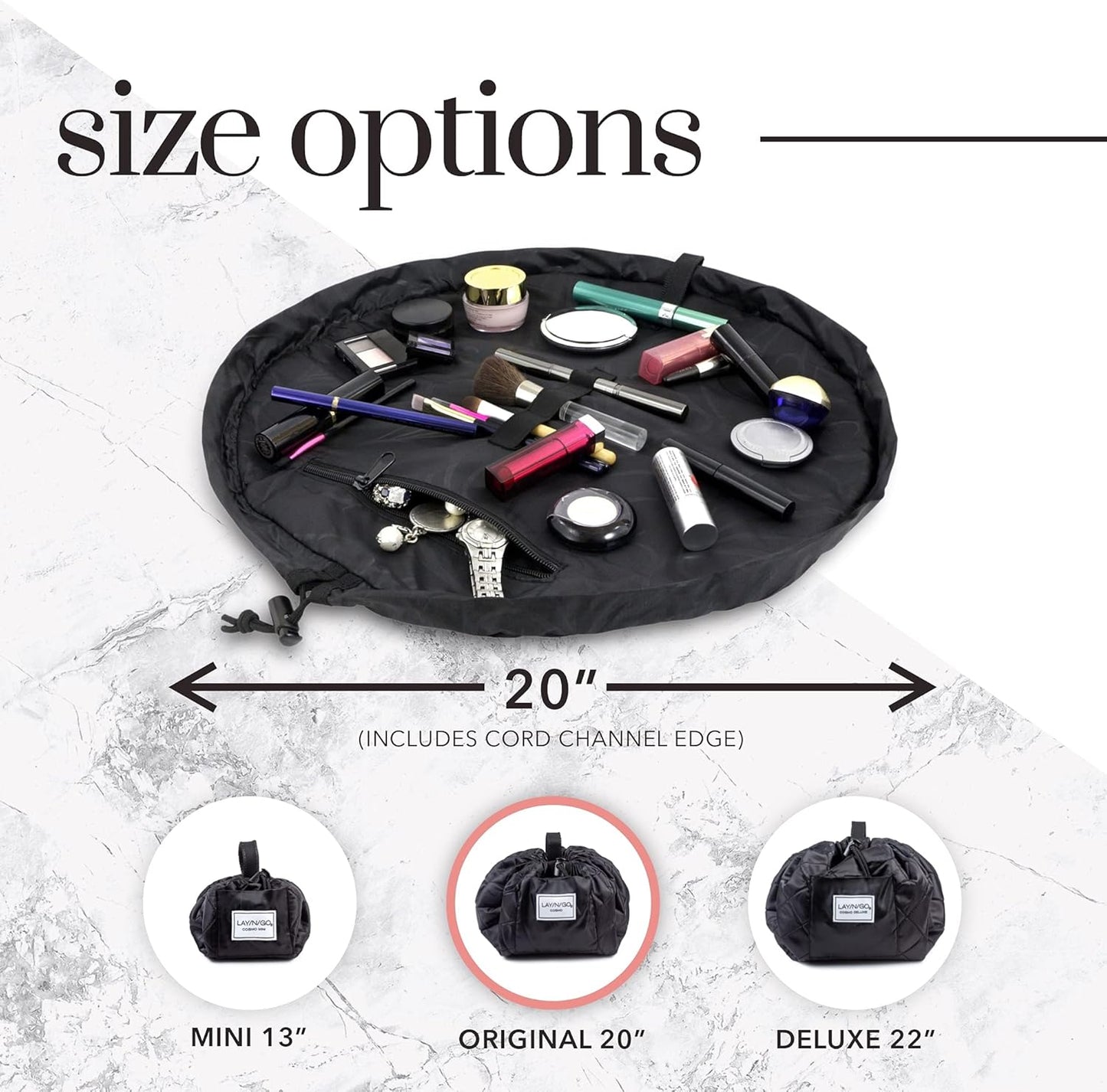 Lay-n-Go Cosmo Layflat Drawstring Cosmetic & Makeup Bag Organizer w/Zipper Pocket, Brush Loops & More, Cinch to Close, Lay Flat to Use, Durable, Machine Wash, Travel Toiletry Bag (20", Pink)