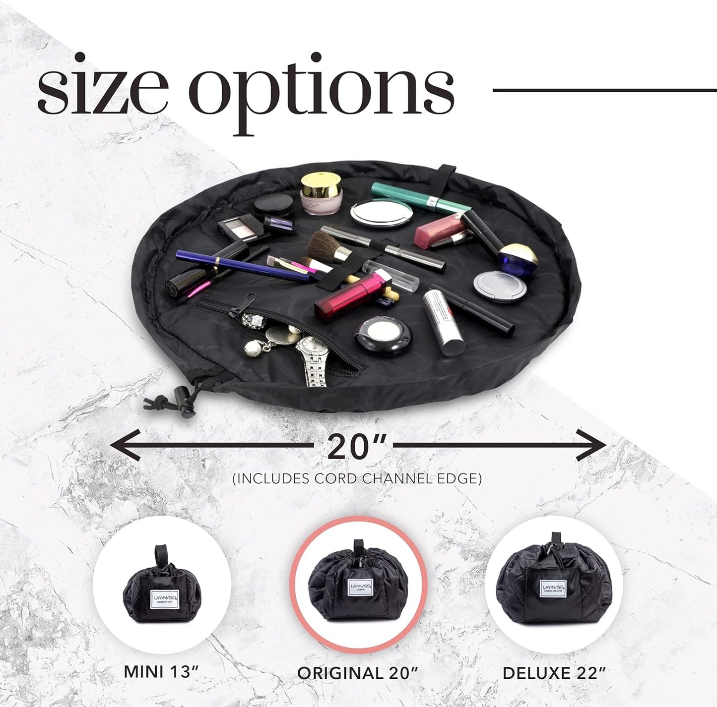 Lay-n-Go Cosmo Drawstring Cosmetic & Makeup Bag Organizer - Portable Drawstring Makeup Bag w/Zipper Pocket, Makeup Loops & More - Durable, Machine Washable Toiletry Bag (20", Comfort/Blue)