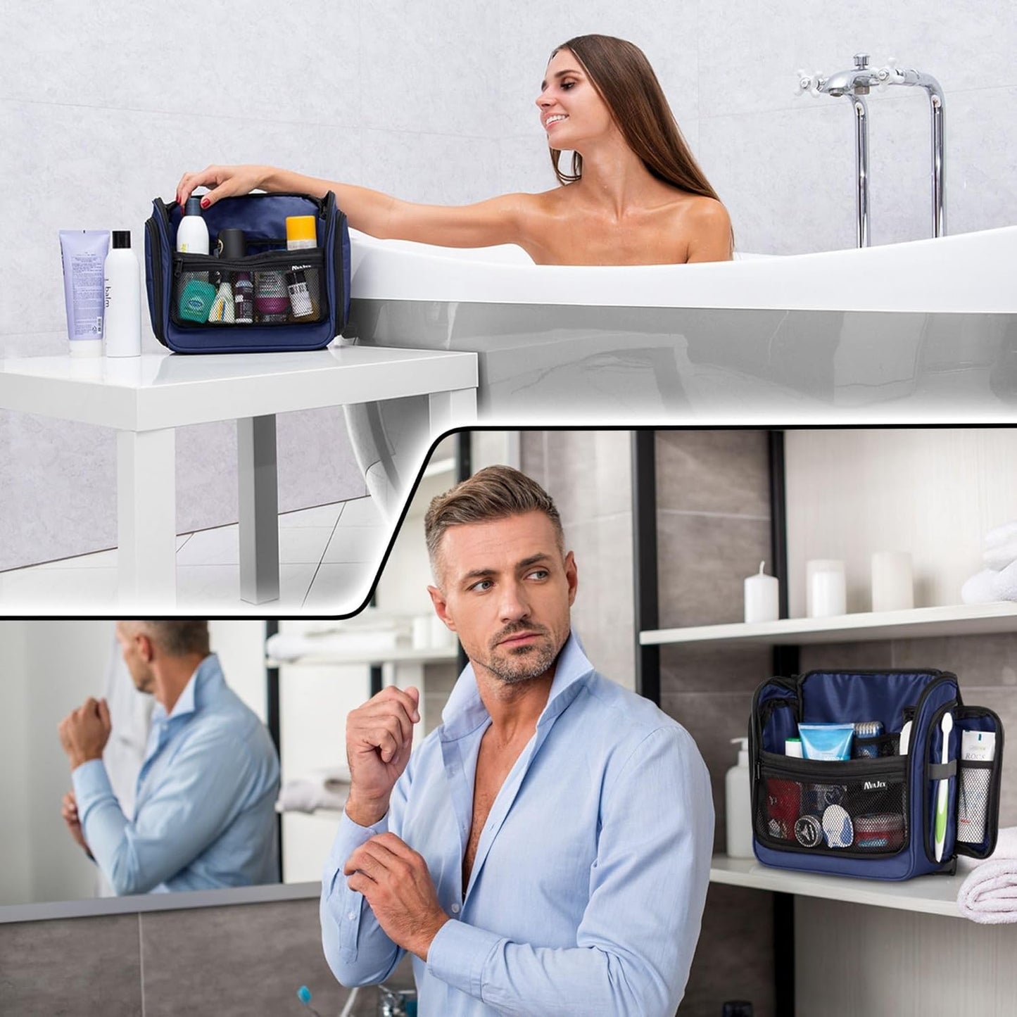 Travel Toiletry Bag for Men and Women - (10.6”x10.6”x3.2”) Large Hanging Toiletry Organizer - Waterproof Hygiene Bag with Metal XXL Swivel Hook, with Sturdy Zippers and 19 Compartments for Toiletries