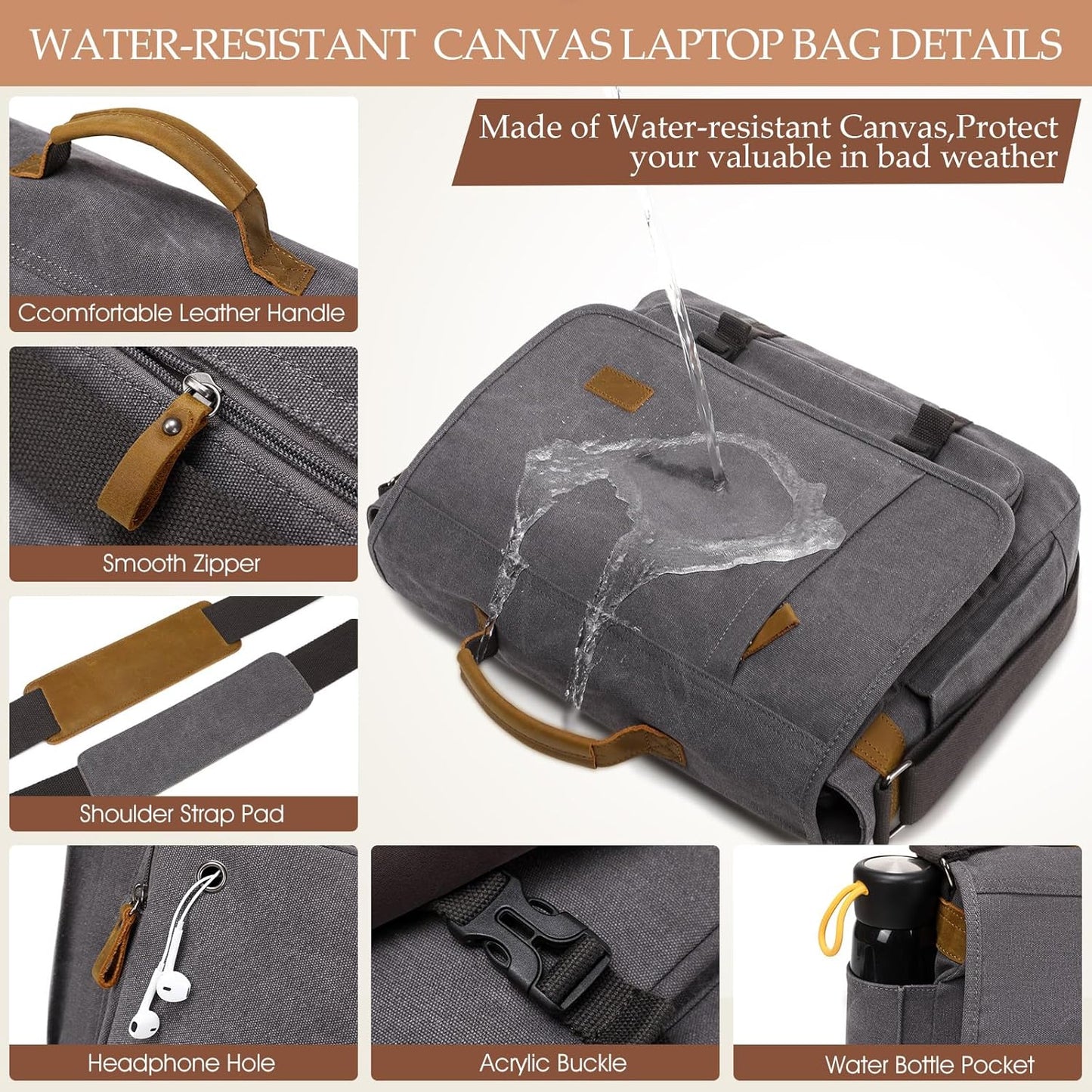 17.3 Inch Messenger Bag for Men: 2PCS Laptop Bag PU Leather Canvas Work Briefcase Large Office