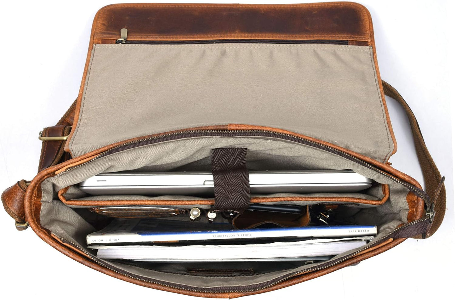 16" Crossbody Bag Leather Laptop Messenger Bag For Men with trolley sleeve for school office (Caramel)